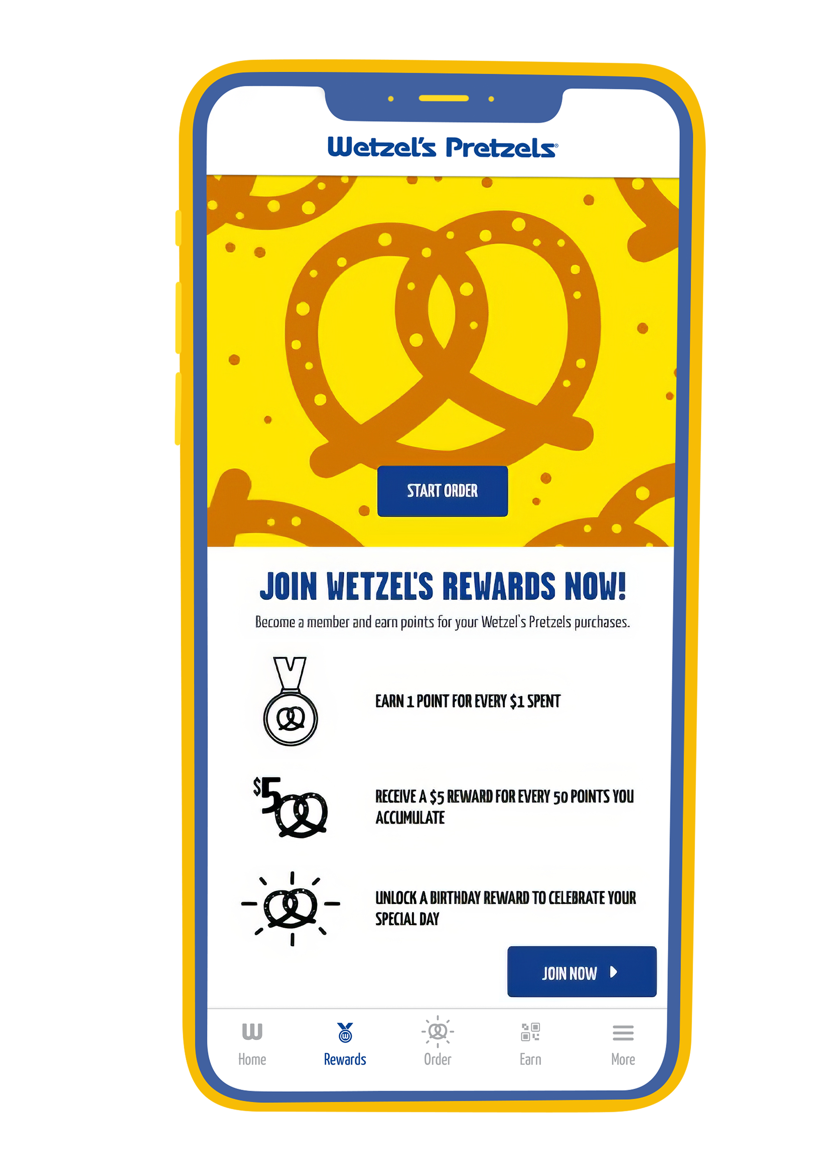 Wetzel's App on phone and pretzel